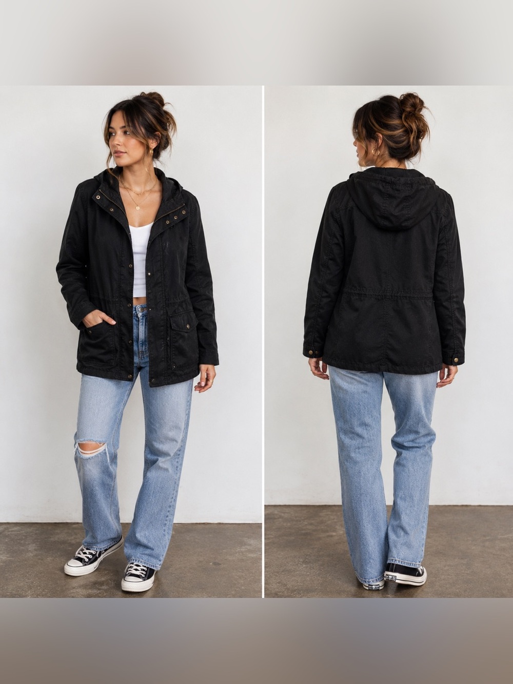 Old Navy Black Hooded Utility Field Jacket Women’s Medium Cotton Military